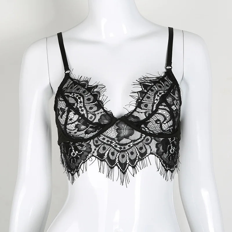 Lace Sexy Underwear Set Hollow Eyelashes Lingerie See-through Sheer Bra and Panty White Black Backless Bodysuit Women 2pcs luvshop24