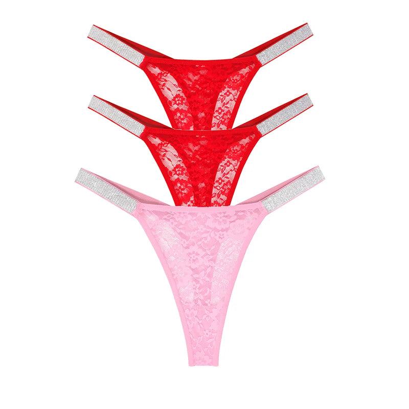 3pcs Sexy Thongs Lace Women Underwear Perspective Floral Panties Low Rise Two Shiny Belts G-string Comfortable Intimate Lingerie luvshop24