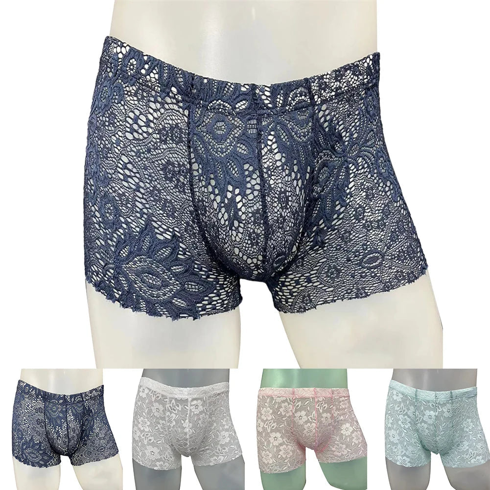 Sexy Mens Lace Shorts Breathable Underwear Solid Male Brief Middle Waist Panties Sleepwear Bikini Hombre Lingerie luvshop24