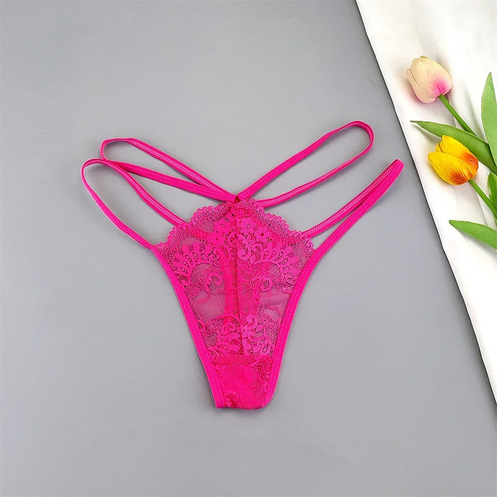 3 Pcs Lace Thin Strap Thong Women Low Waist Sexy Perspective Underwear Ladies Transparent G-string Panty Plus Size T-back luvshop24