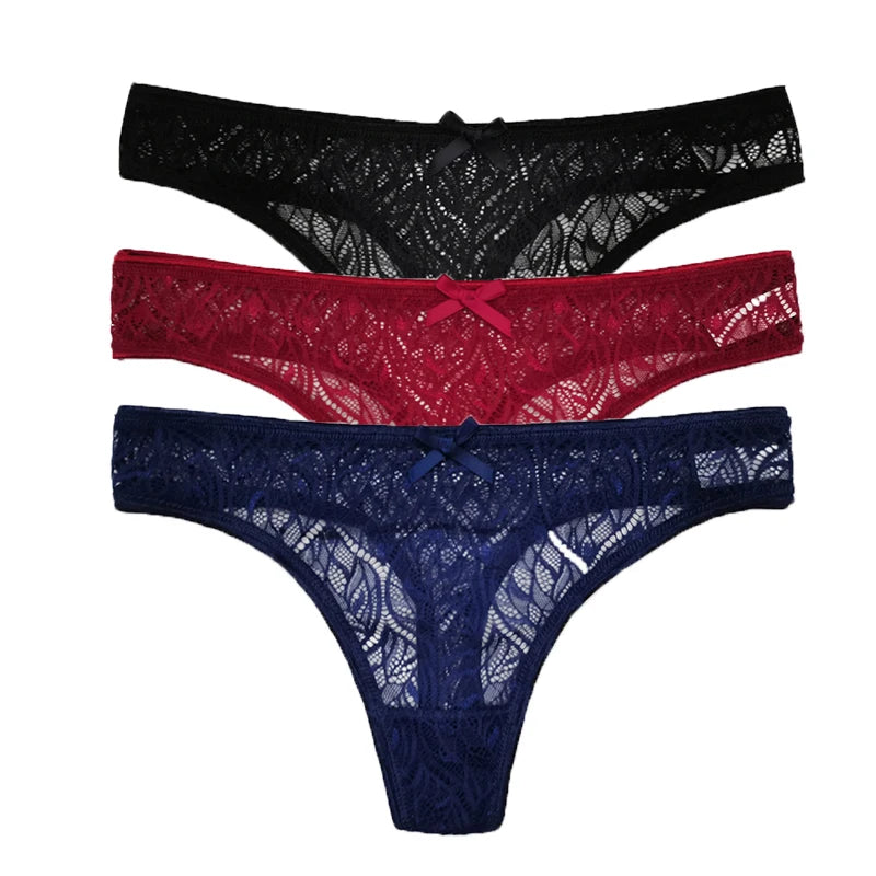 3PCS Low Waist Sexy Lace Panties Hollow Out G-Strings Female Solid Color Thongs Underwear Women Sexy Underpants Intimates luvshop24