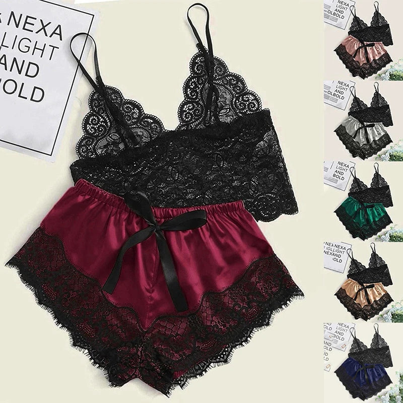 1 Pajamas Set Womens Lace Sleepwear Lingerie Crop Tops And Shorts Babydoll Pajamas Underwear Nightwear luvshop24