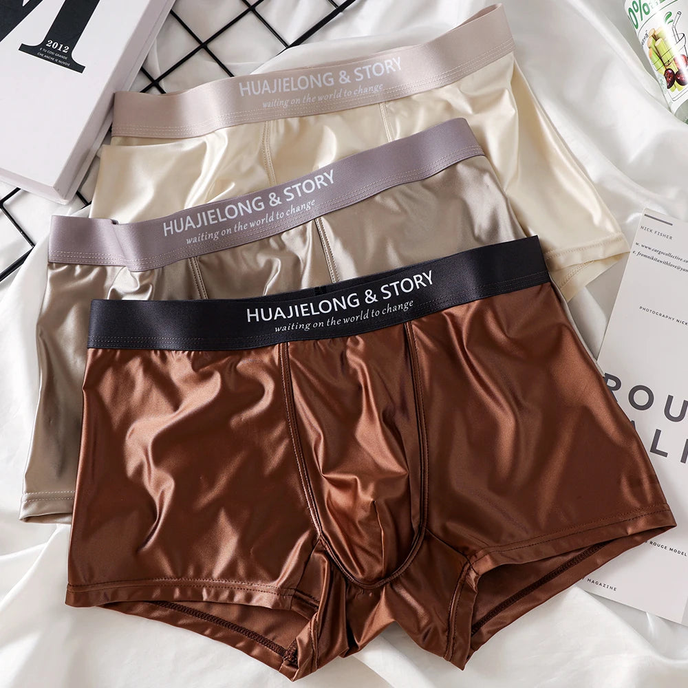 1/3Pcs Breathable Thin Satin Silk Boxer Briefs Seamless Mid Waist Ice Silk Boxers Underpants Smooth Underwear for Men Daily luvshop24