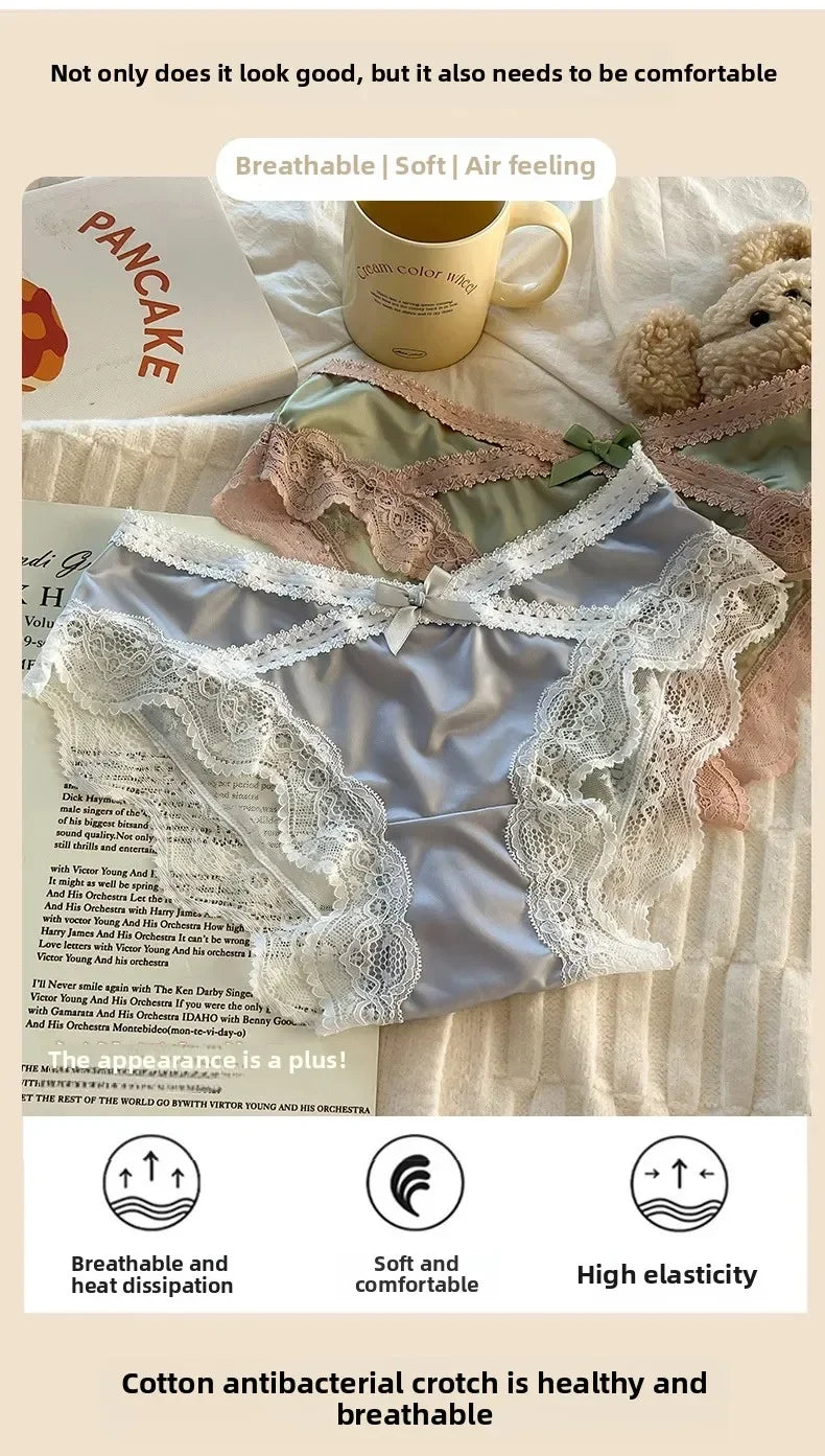 French Lace Underwear Pure Cotton Crotch Satin Sexy Triangle Panties Women's Innerwear Comfortable Breathable Ladies Briefs luvshop24