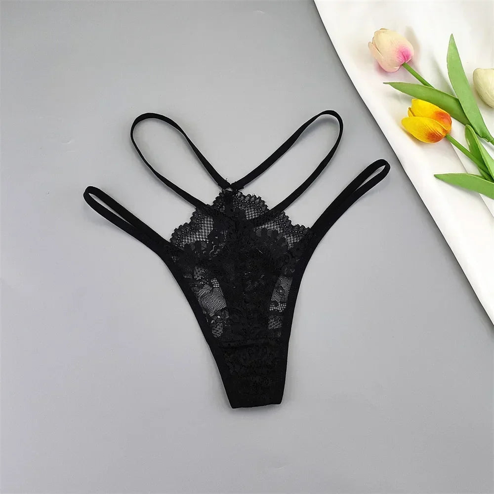 3 Pcs Lace Thin Strap Thong Women Low Waist Sexy Perspective Underwear Ladies Transparent G-string Panty Plus Size T-back luvshop24