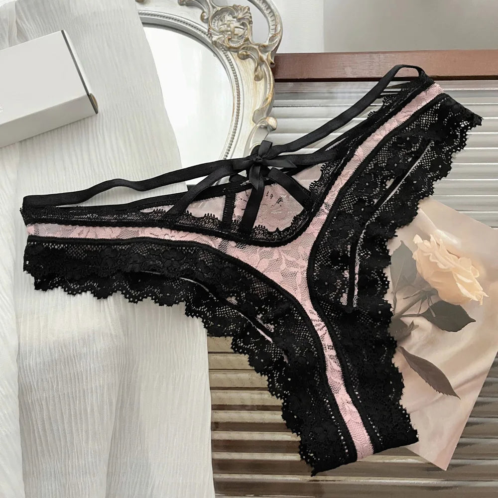  Lace Bow Sexy Thong Transparent Women's Lingerie Low Waist Flower Embroidery Mesh Perspective Hollowed Panties Briefs luvshop24