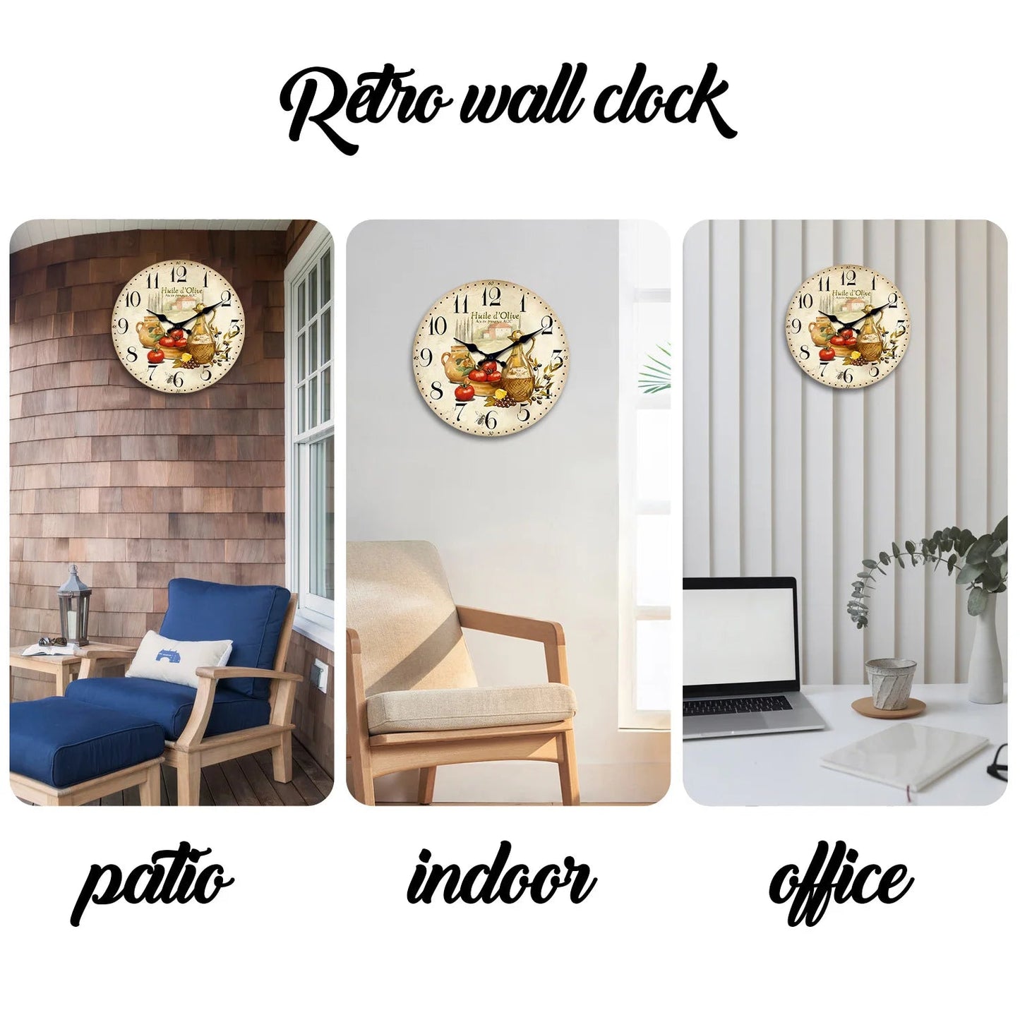 Retro Provence Olive Oil and Tomato Pattern Wooden Wall Clock Living Room Bedroom Kitchen Home Decoration Wall Clock Silent Quartz Clock Holiday Gift 10 Inches 12 Inches 14 Inches 16inch (Without Batteries) luvshop24