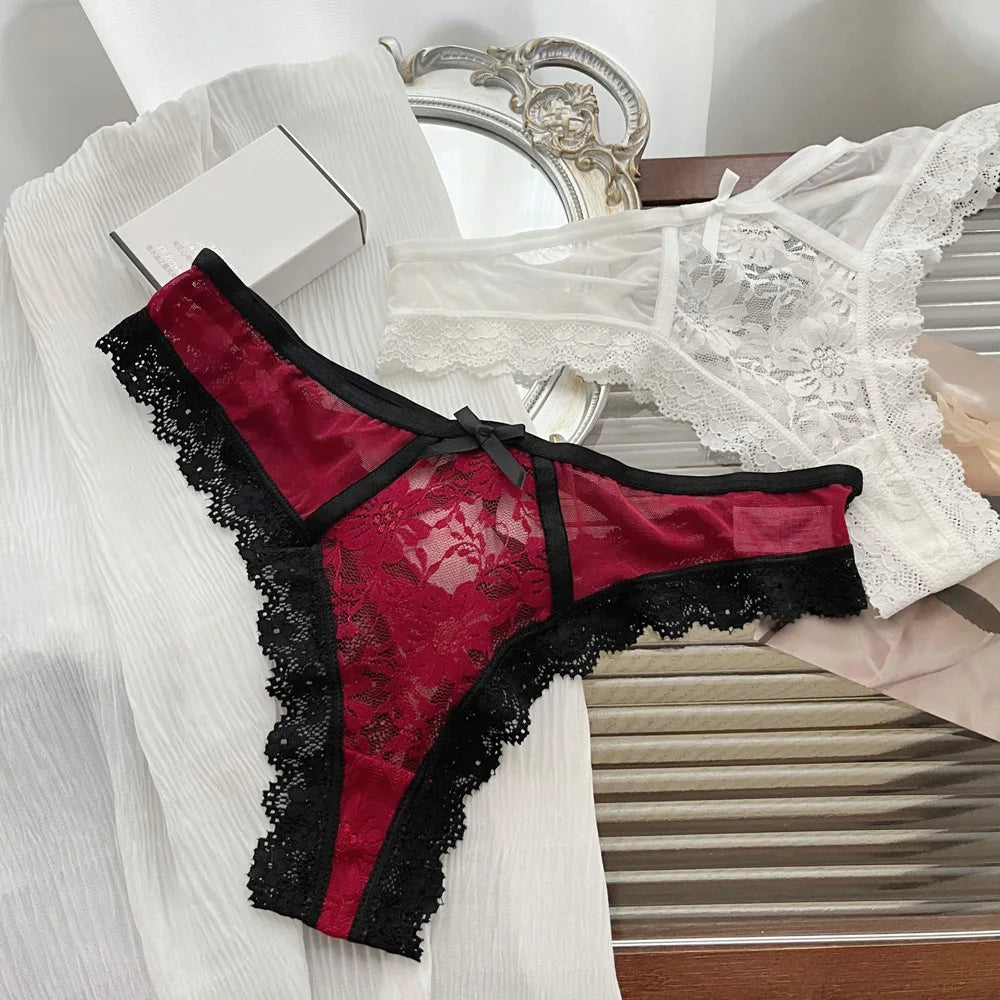  Lace Bow Sexy Thong Transparent Women's Lingerie Low Waist Flower Embroidery Mesh Perspective Hollowed Panties Briefs luvshop24