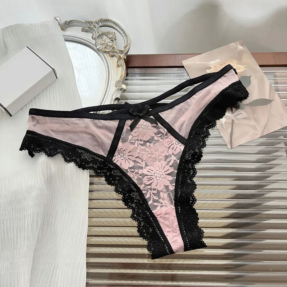  Lace Bow Sexy Thong Transparent Women's Lingerie Low Waist Flower Embroidery Mesh Perspective Hollowed Panties Briefs luvshop24