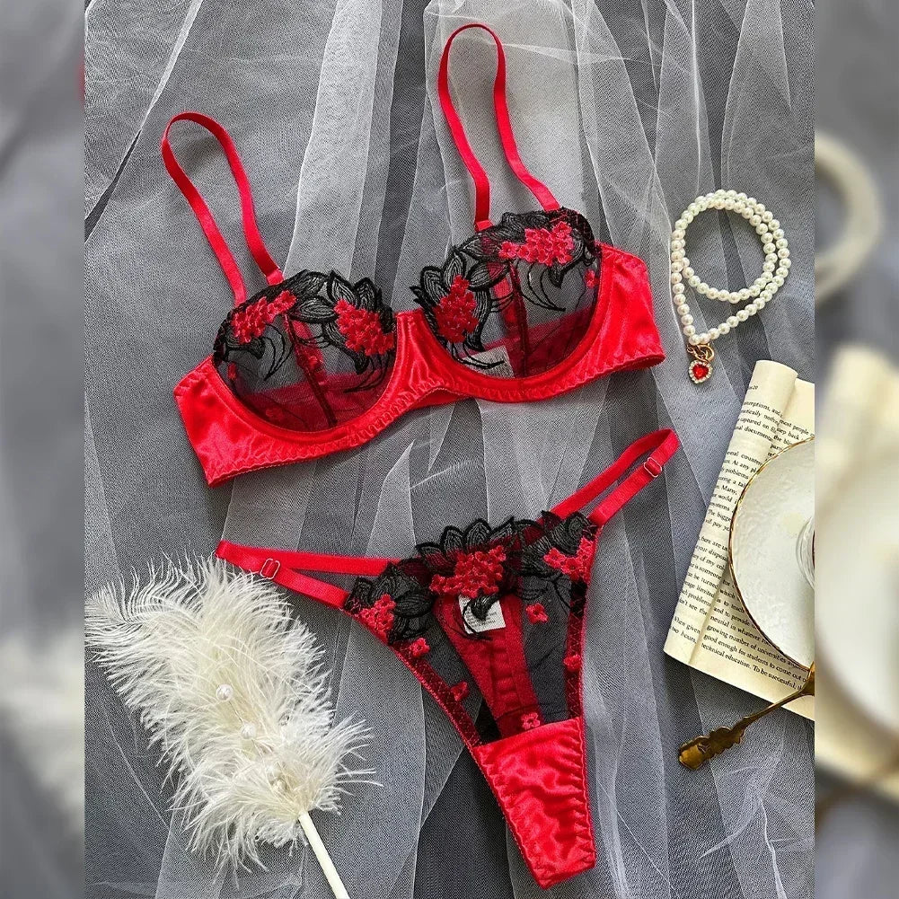 Floral Sexy Lingerie Lace Eroticу Bralette + Briefs Set Transparent Women's Underwear Embroidery Erotic Beautiful Bra And Panty luvshop24