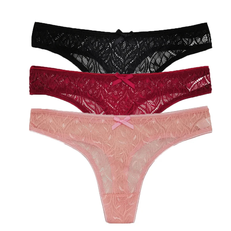 3PCS Low Waist Sexy Lace Panties Hollow Out G-Strings Female Solid Color Thongs Underwear Women Sexy Underpants Intimates luvshop24