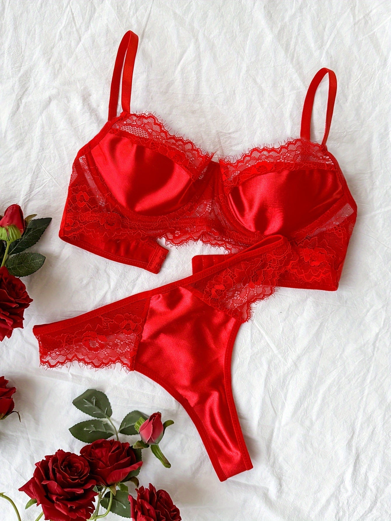Erotic Contrast Eyelash Lace Bra & Panties, Hot Underwire Bra & Thongs Lingerie Set, Women's Lingerie & Underwear luvshop24