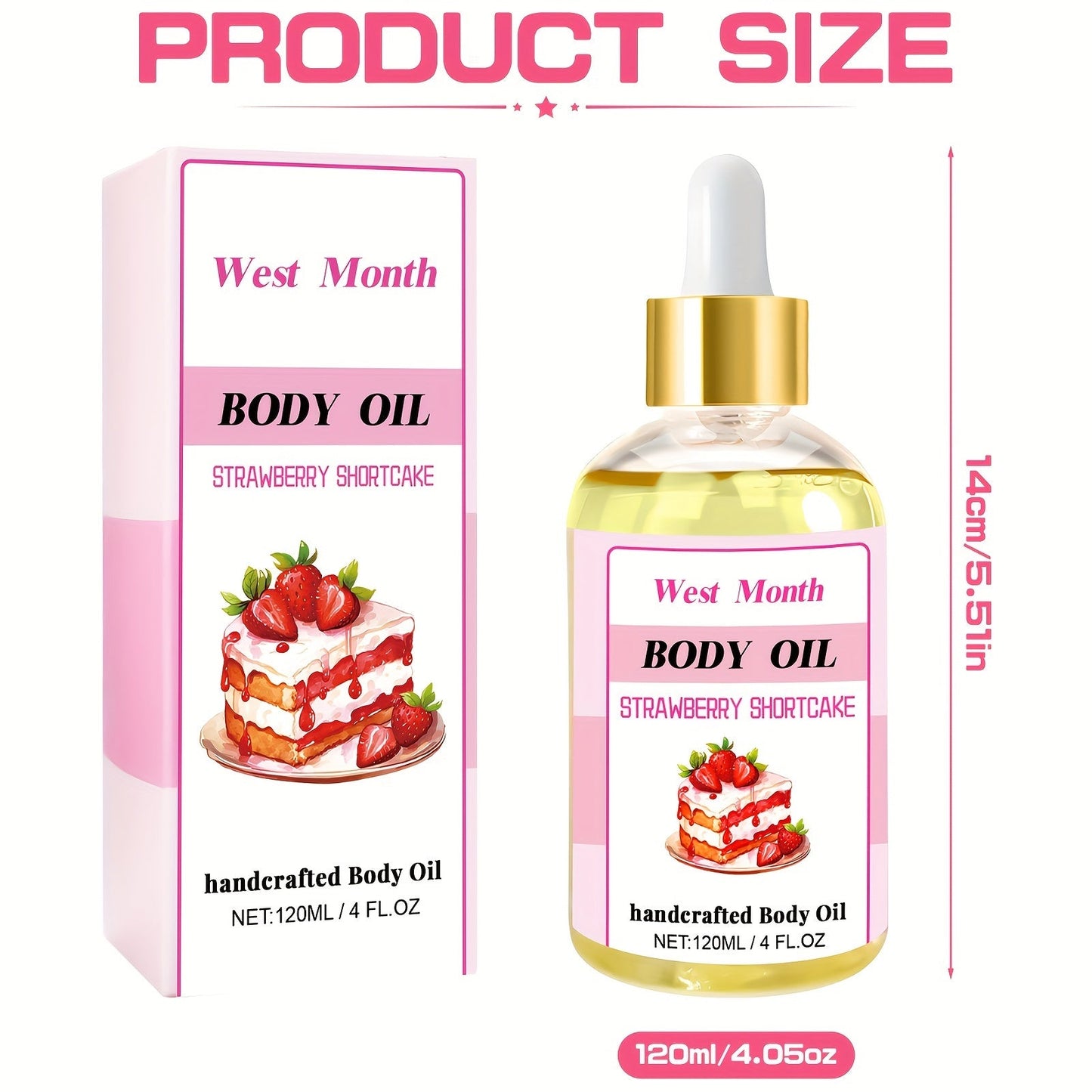 120ml/4.05 Fl.Oz, Body Juice Strawberry Shortcake Scented Massage Oil, With Strawberry Extract, Jojoba, Coconut, Avocado & Olive Oils, Hydrating Body Oil luvshop24