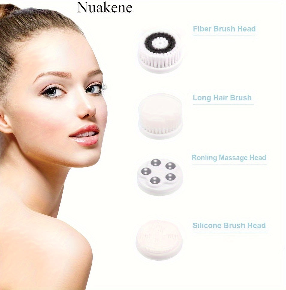 Nuakene 4-in-1 Rechargeable Electric Facial Cleansing Brush - Soft Bristle Brush, Silicone Facial Cleaner, Facial Massager, Rotating Base, Gentle Exfoliator, Deep Cleaning, Holiday Gift for Women luvshop24