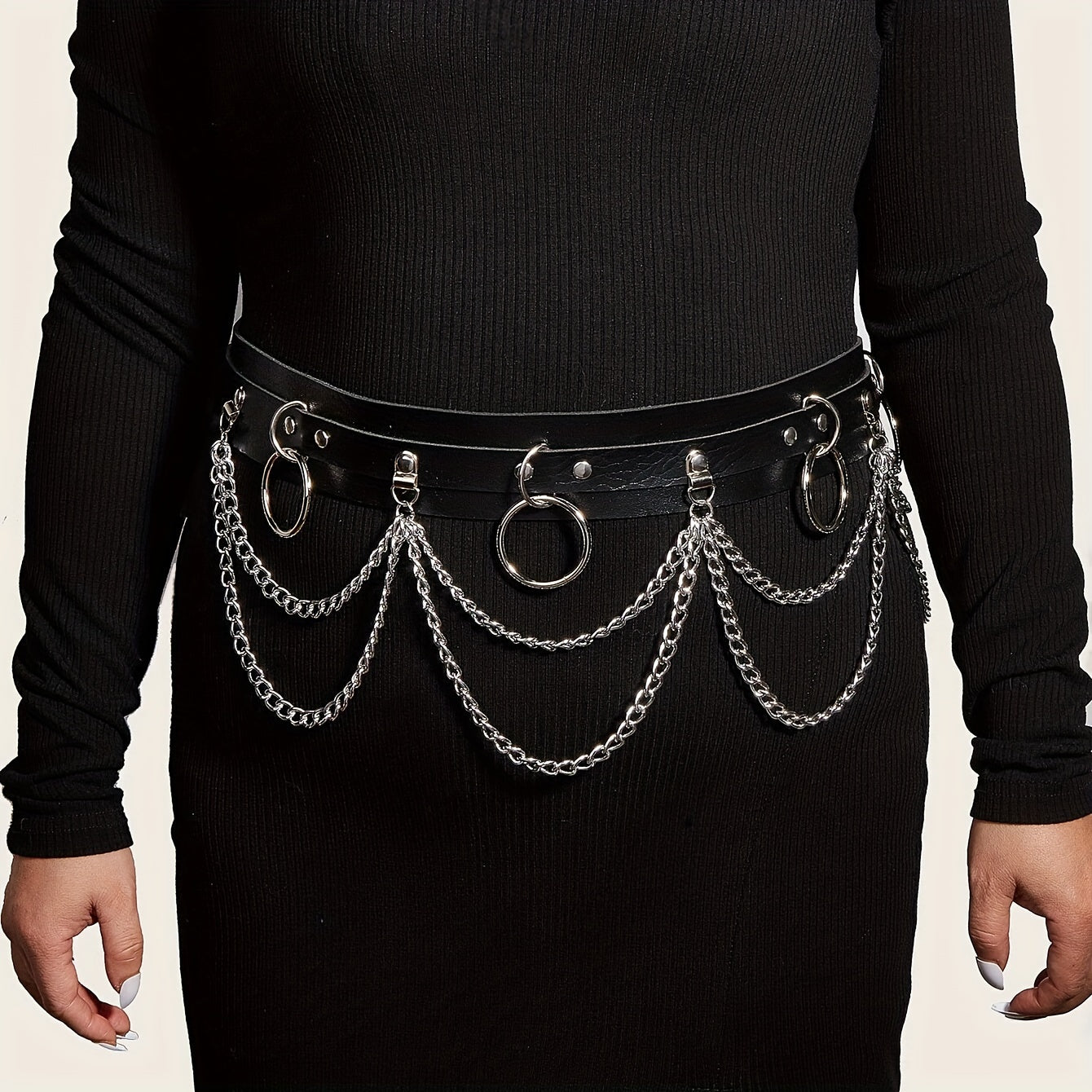 1pc Black PU Leather Chain Ring Decor Gothic Restraints Waist Belt, Punk Adjustable Nightclub Accessories Belt, Sexy Lingerie & Erotic Accessories luvshop24