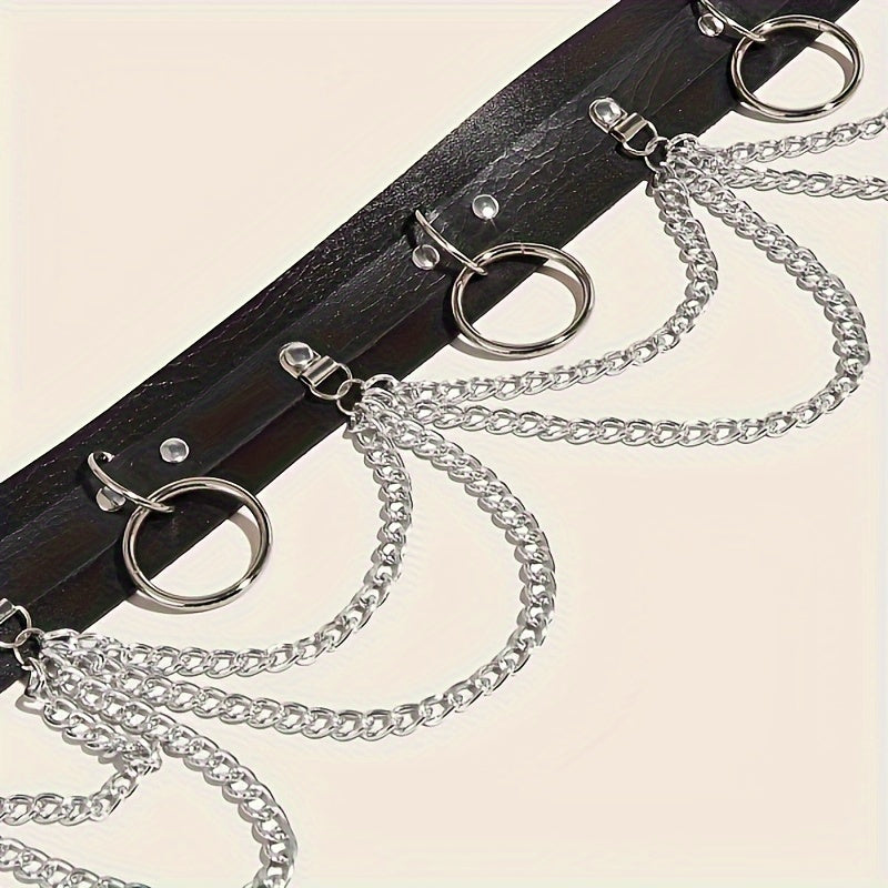 1pc Black PU Leather Chain Ring Decor Gothic Restraints Waist Belt, Punk Adjustable Nightclub Accessories Belt, Sexy Lingerie & Erotic Accessories luvshop24