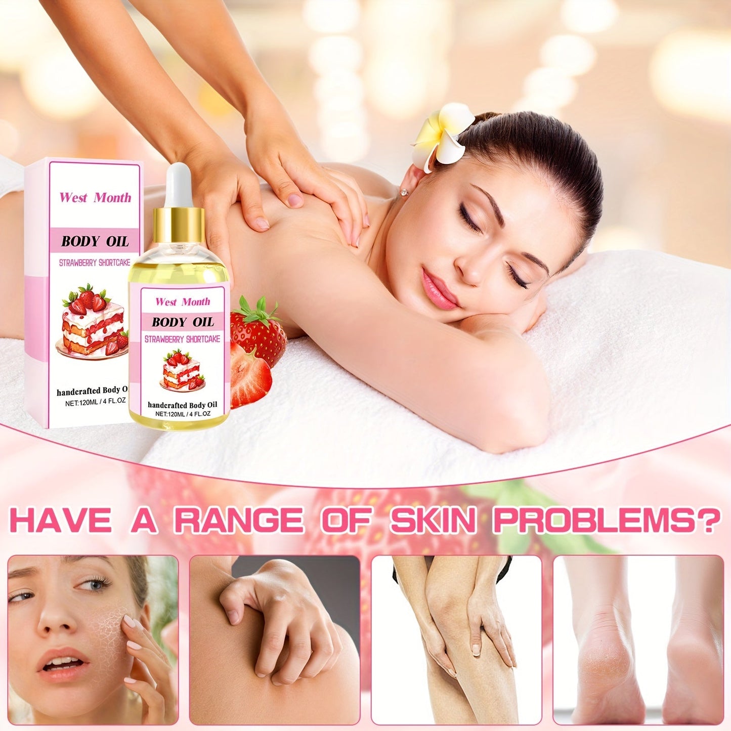 120ml/4.05 Fl.Oz, Body Juice Strawberry Shortcake Scented Massage Oil, With Strawberry Extract, Jojoba, Coconut, Avocado & Olive Oils, Hydrating Body Oil luvshop24