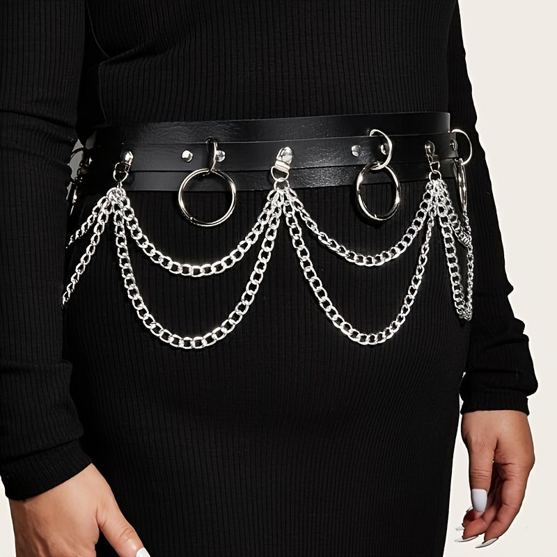 1pc Black PU Leather Chain Ring Decor Gothic Restraints Waist Belt, Punk Adjustable Nightclub Accessories Belt, Sexy Lingerie & Erotic Accessories luvshop24