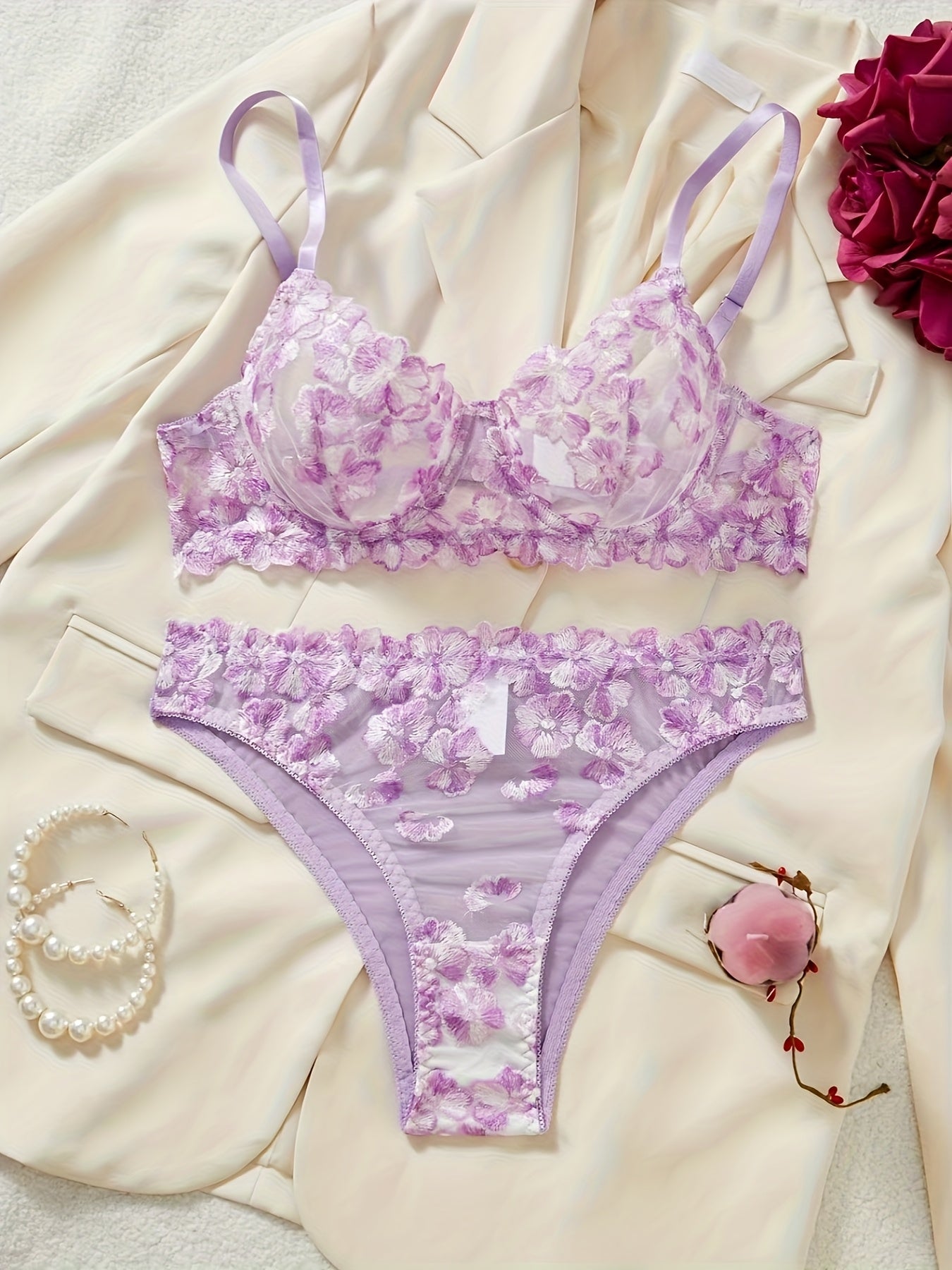 2pcs Sexy Lingerie Autumn Hot Selling French Flower Embroidery Perspective Multi-color Erotic Suit for Women luvshop24