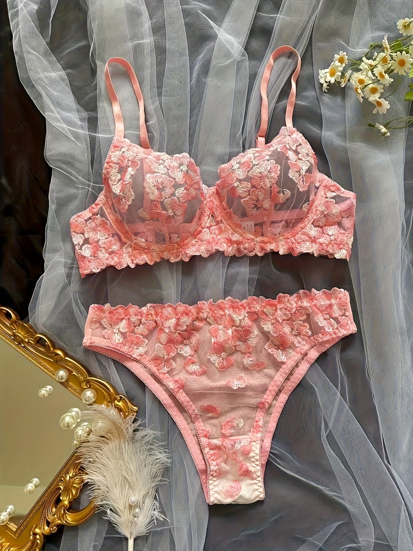2pcs Sexy Lingerie Autumn Hot Selling French Flower Embroidery Perspective Multi-color Erotic Suit for Women luvshop24