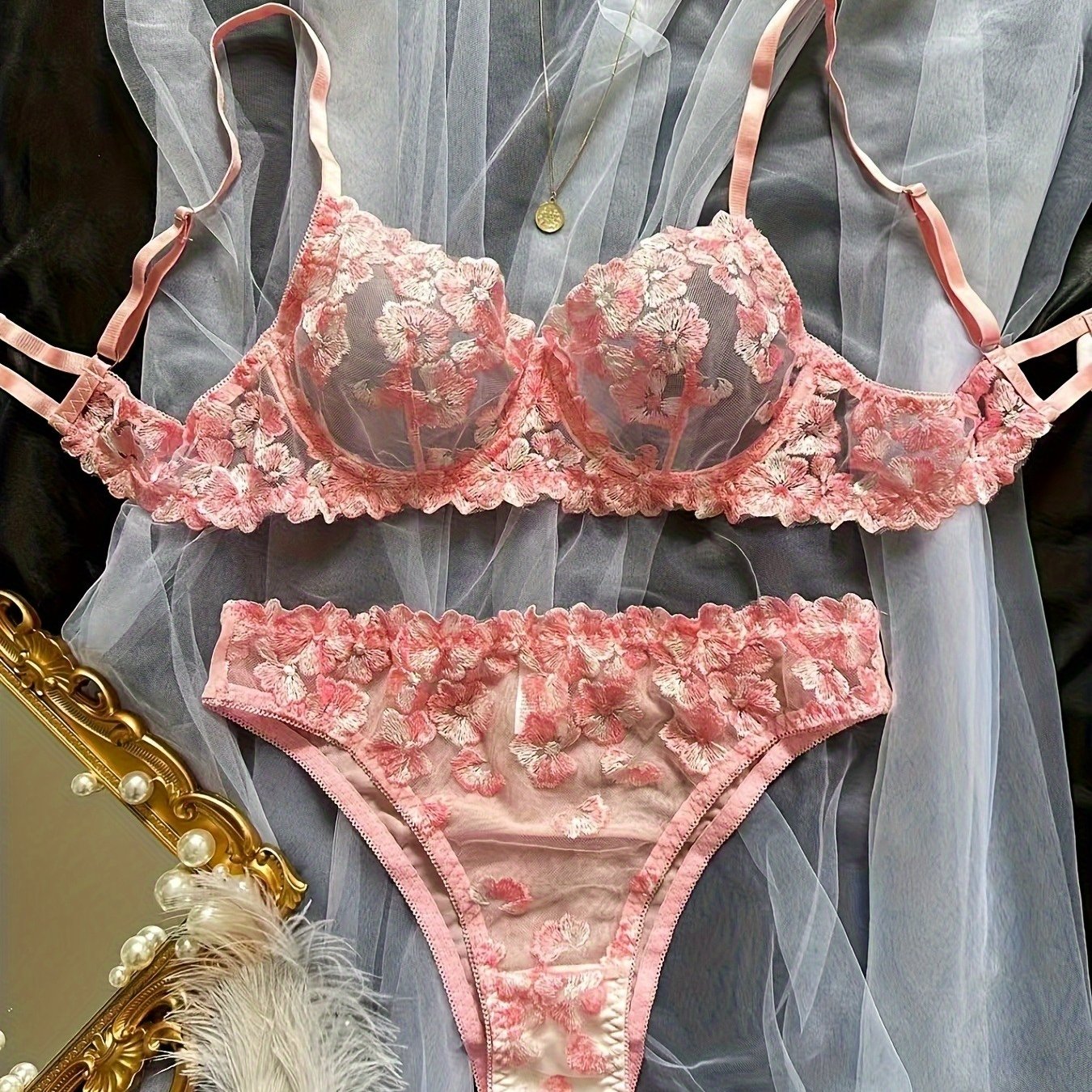2pcs Sexy Lingerie Autumn Hot Selling French Flower Embroidery Perspective Multi-color Erotic Suit for Women luvshop24