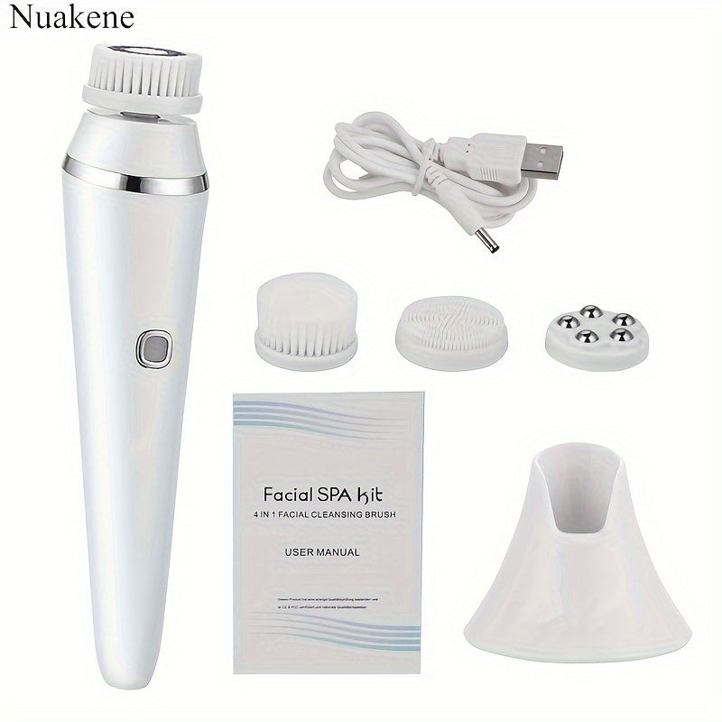 Nuakene 4-in-1 Rechargeable Electric Facial Cleansing Brush - Soft Bristle Brush, Silicone Facial Cleaner, Facial Massager, Rotating Base, Gentle Exfoliator, Deep Cleaning, Holiday Gift for Women luvshop24