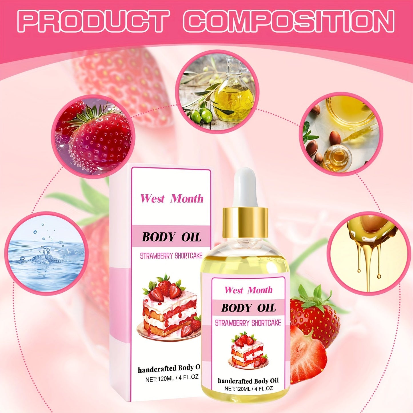 120ml/4.05 Fl.Oz, Body Juice Strawberry Shortcake Scented Massage Oil, With Strawberry Extract, Jojoba, Coconut, Avocado & Olive Oils, Hydrating Body Oil luvshop24