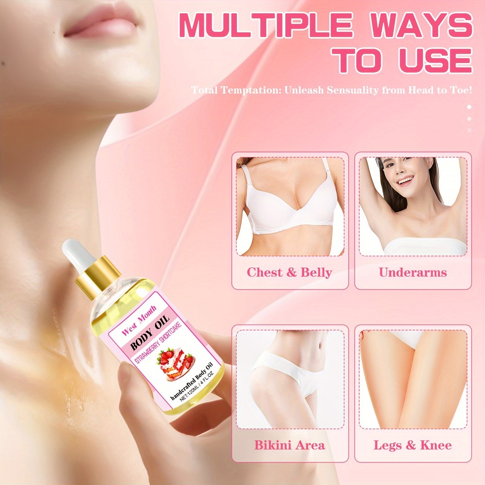 120ml/4.05 Fl.Oz, Body Juice Strawberry Shortcake Scented Massage Oil, With Strawberry Extract, Jojoba, Coconut, Avocado & Olive Oils, Hydrating Body Oil luvshop24
