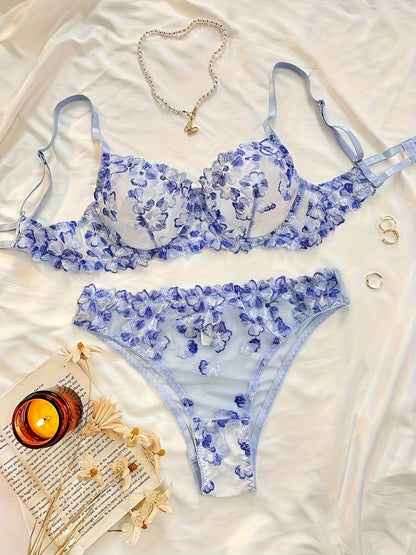 2pcs Sexy Lingerie Autumn Hot Selling French Flower Embroidery Perspective Multi-color Erotic Suit for Women luvshop24