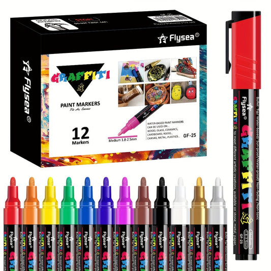 [12 Colors Paint Markers Set] Flysea Paint Markers Set of 12 Colors (3Mm) - Water-Based Pens for Painting on Rocks, Christmas Ornaments, Wood, Plastic, Canvas, Glass, And Mugs luvshop24