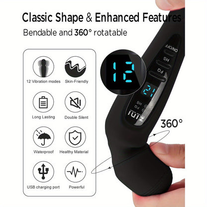 Rechargeable Personal Massager, 12 Patterns Massager, Personal Massager for Women, Quiet &amp; Waterproof Massager for Women, Digital Display Wand Massager for Neck, Back Pain Relief - Black luvshop24