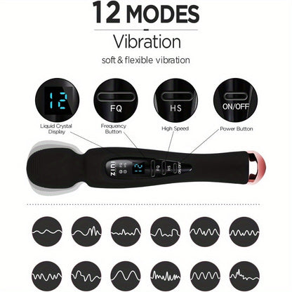 Rechargeable Personal Massager, 12 Patterns Massager, Personal Massager for Women, Quiet & Massager for Women, Digital Display Wand Massager for Neck, Back Pain Relief - Black, Dildo luvshop24