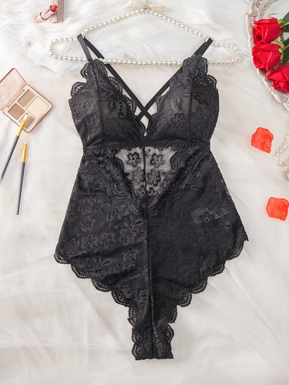 Plus Size Womens Sultry Lace Erotic Bodysuit - Flattering Fit, Delicate Scallop Edge Trim, Seductive Crisscross Strapping, Adjustable Straps, Teddy Style - Romantic Evening Wear luvshop24