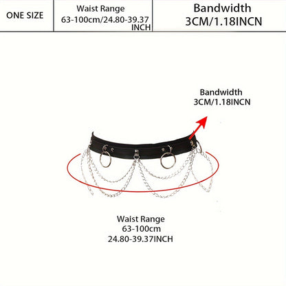 1pc Black PU Leather Chain Ring Decor Gothic Restraints Waist Belt, Punk Adjustable Nightclub Accessories Belt, Sexy Lingerie & Erotic Accessories luvshop24
