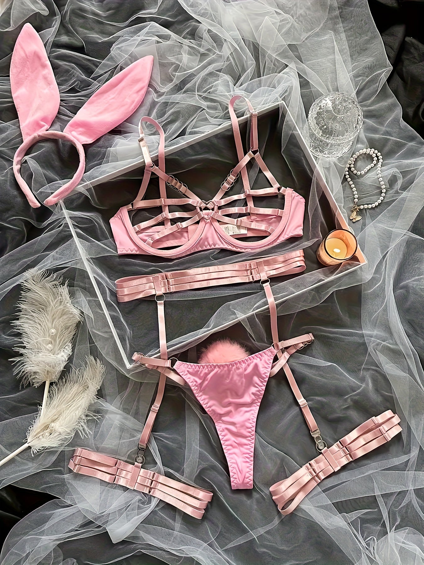 [Lace Up Rabbit Girl Lingerie] Rabbit Girl Erotic Lace Up Lingerie Set, Hollow Ring Linked Bra And Plush Ball Decoration Thong And Garter Belt, Women's Sexy Lingerie And Underwear luvshop24