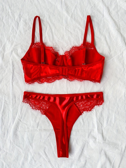 Erotic Contrast Eyelash Lace Bra & Panties, Hot Underwire Bra & Thongs Lingerie Set, Women's Lingerie & Underwear luvshop24