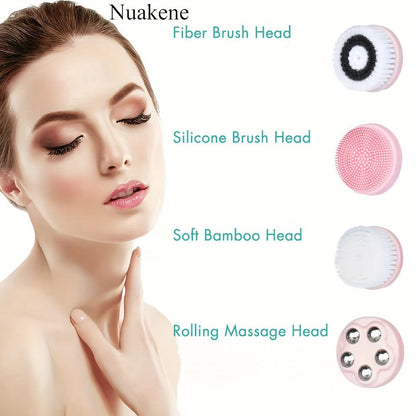 Nuakene 4-in-1 Rechargeable Electric Facial Cleansing Brush - Soft Bristle Brush, Silicone Facial Cleaner, Facial Massager, Rotating Base, Gentle Exfoliator, Deep Cleaning, Holiday Gift for Women luvshop24