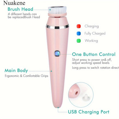 Nuakene 4-in-1 Rechargeable Electric Facial Cleansing Brush - Soft Bristle Brush, Silicone Facial Cleaner, Facial Massager, Rotating Base, Gentle Exfoliator, Deep Cleaning, Holiday Gift for Women luvshop24