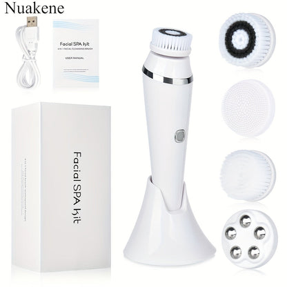 Nuakene 4-in-1 Rechargeable Electric Facial Cleansing Brush - Soft Bristle Brush, Silicone Facial Cleaner, Facial Massager, Rotating Base, Gentle Exfoliator, Deep Cleaning, Holiday Gift for Women luvshop24