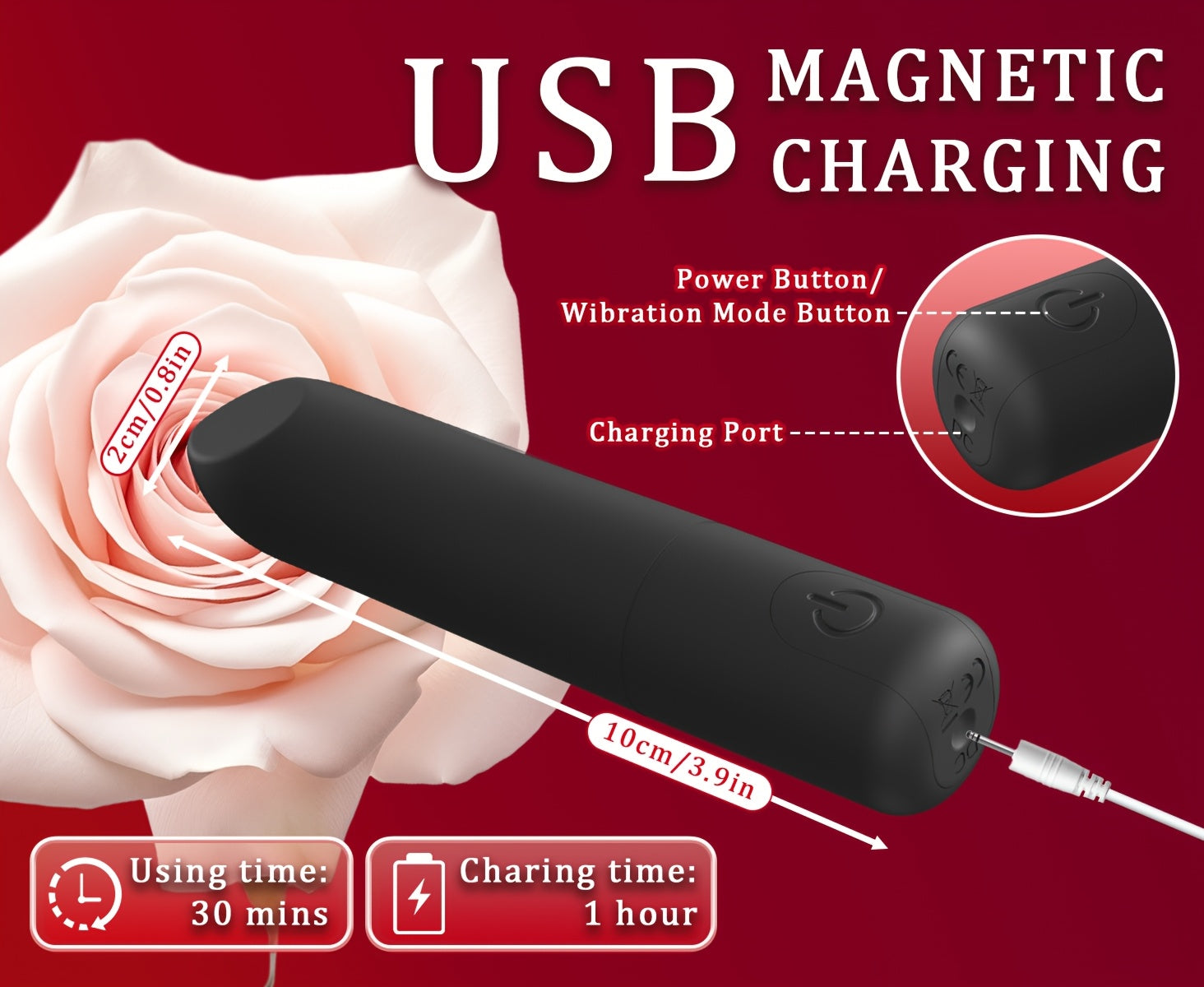 USB Rechargeable Black Bullet Vibrator – 10 Vibration Modes, Angled Tip For Clitoral, Nipple & G-Spot Stimulation, Portable & Discreet Design, Includes USB Cable luvshop24