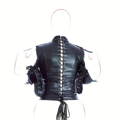 [Leather Bondage Coat] Halloween Leather Bondage Coat - Fully Clothed Arms Lace-up Straitjacket Shackle SM Role Play Costume luvshop24