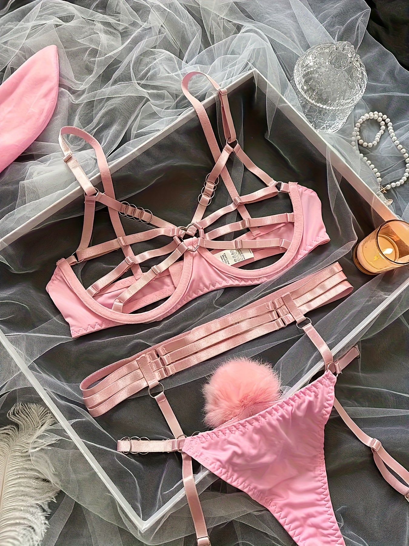 [Lace Up Rabbit Girl Lingerie] Rabbit Girl Erotic Lace Up Lingerie Set, Hollow Ring Linked Bra And Plush Ball Decoration Thong And Garter Belt, Women's Sexy Lingerie And Underwear luvshop24