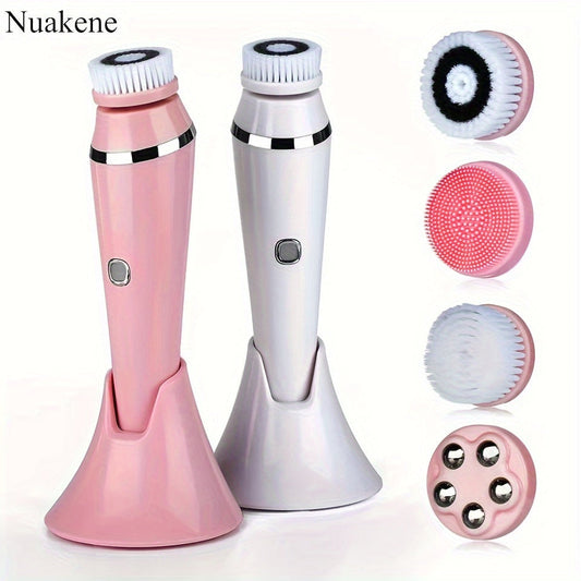 Nuakene 4-in-1 Rechargeable Electric Facial Cleansing Brush - Soft Bristle Brush, Silicone Facial Cleaner, Facial Massager, Rotating Base, Gentle Exfoliator, Deep Cleaning, Holiday Gift for Women luvshop24