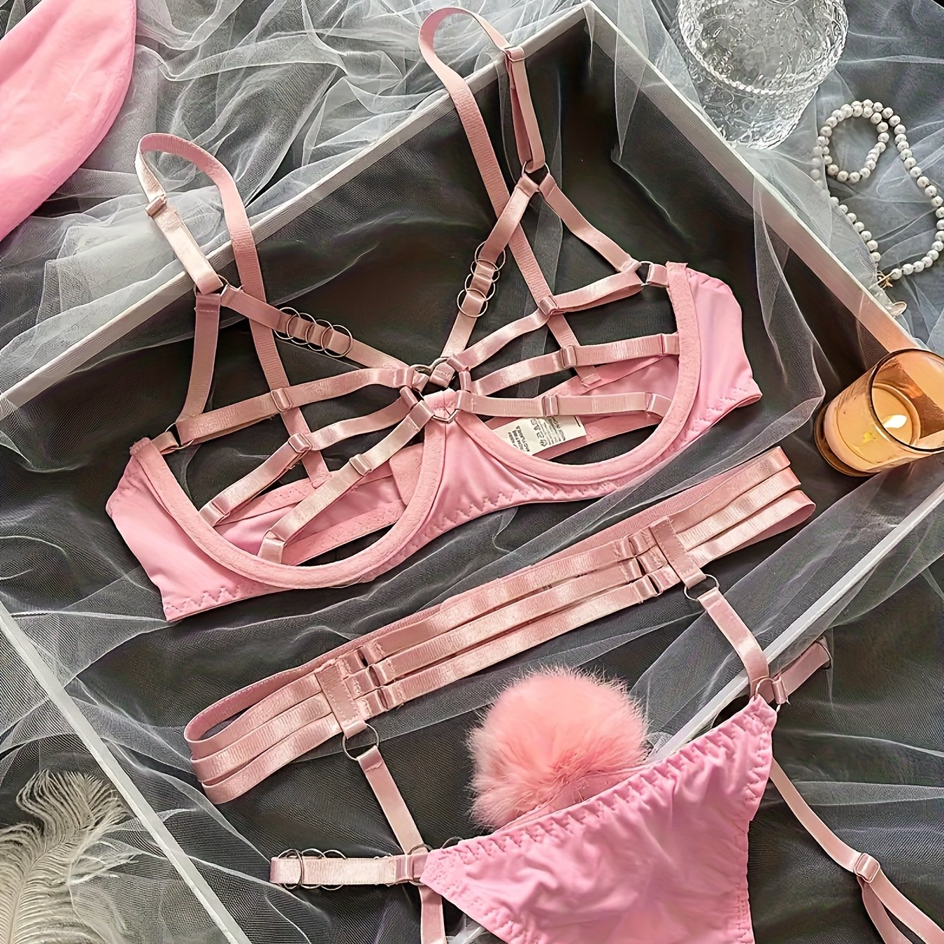 [Lace Up Rabbit Girl Lingerie] Rabbit Girl Erotic Lace Up Lingerie Set, Hollow Ring Linked Bra And Plush Ball Decoration Thong And Garter Belt, Women's Sexy Lingerie And Underwear luvshop24