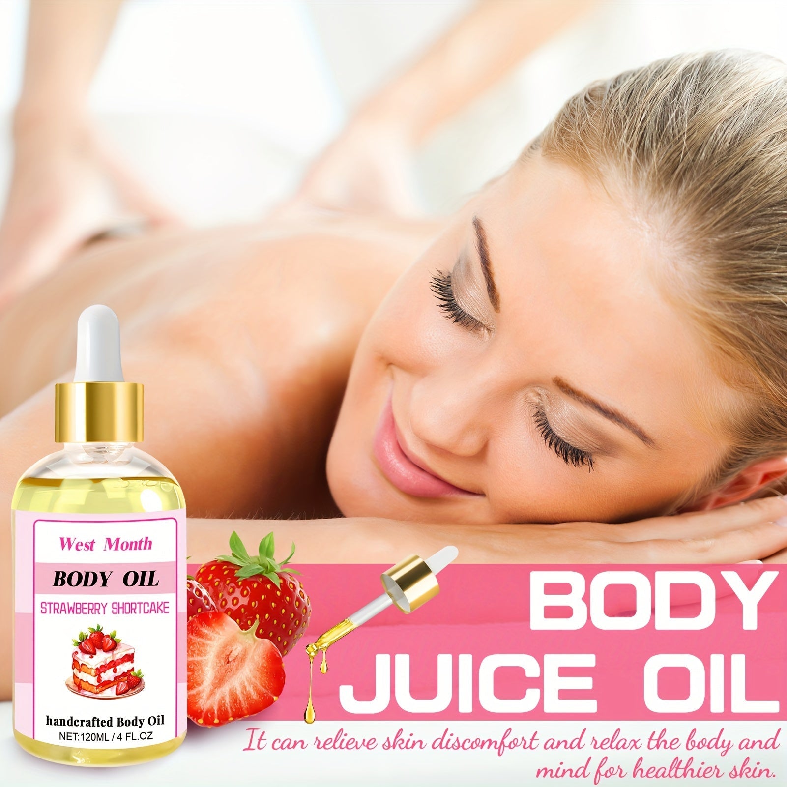 120ml/4.05 Fl.Oz, Body Juice Strawberry Shortcake Scented Massage Oil, With Strawberry Extract, Jojoba, Coconut, Avocado & Olive Oils, Hydrating Body Oil luvshop24