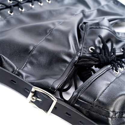 [Leather Bondage Coat] Halloween Leather Bondage Coat - Fully Clothed Arms Lace-up Straitjacket Shackle SM Role Play Costume luvshop24