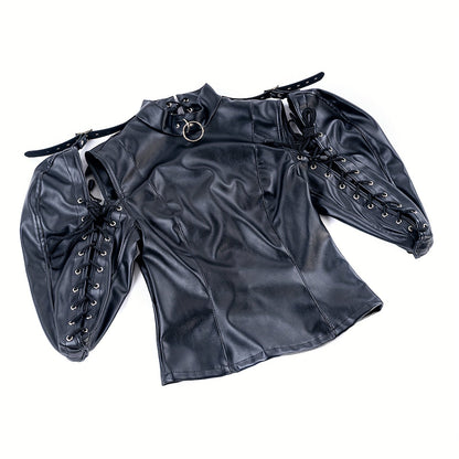 [Leather Bondage Coat] Halloween Leather Bondage Coat - Fully Clothed Arms Lace-up Straitjacket Shackle SM Role Play Costume luvshop24