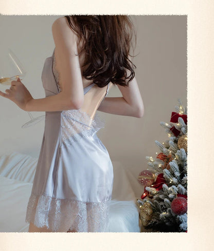 Lace Night Sleepdress Women Cross Strap Halter Nightgown V-Neck Sexy Nightdress Female Satin Sling Sleepwear Beautyback Nightie luvshop24
