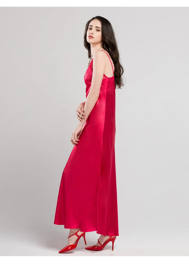 Lace Sexy Sling Sleeping Dress Satin Silk Sleepwear Women Faux Silk Long Bathrobes Female Sleeveless V-Neck Nightgowns C1618 luvshop24