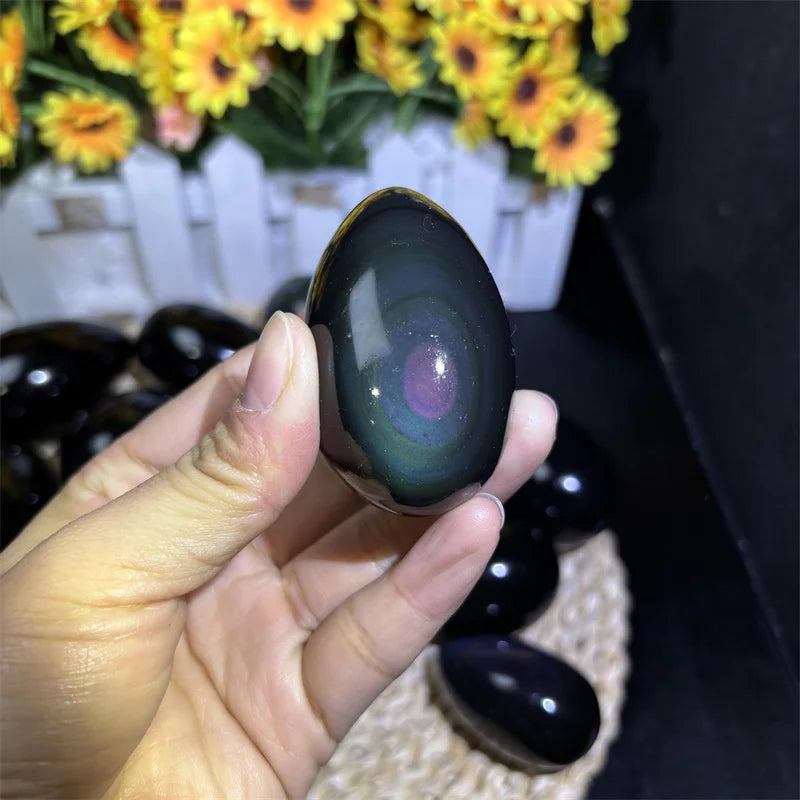 Natural Wand Massager Hand Polished Healing Gemstone Egg Crystal Crafts Rainbow Obsidian Egg for Decoration luvshop24